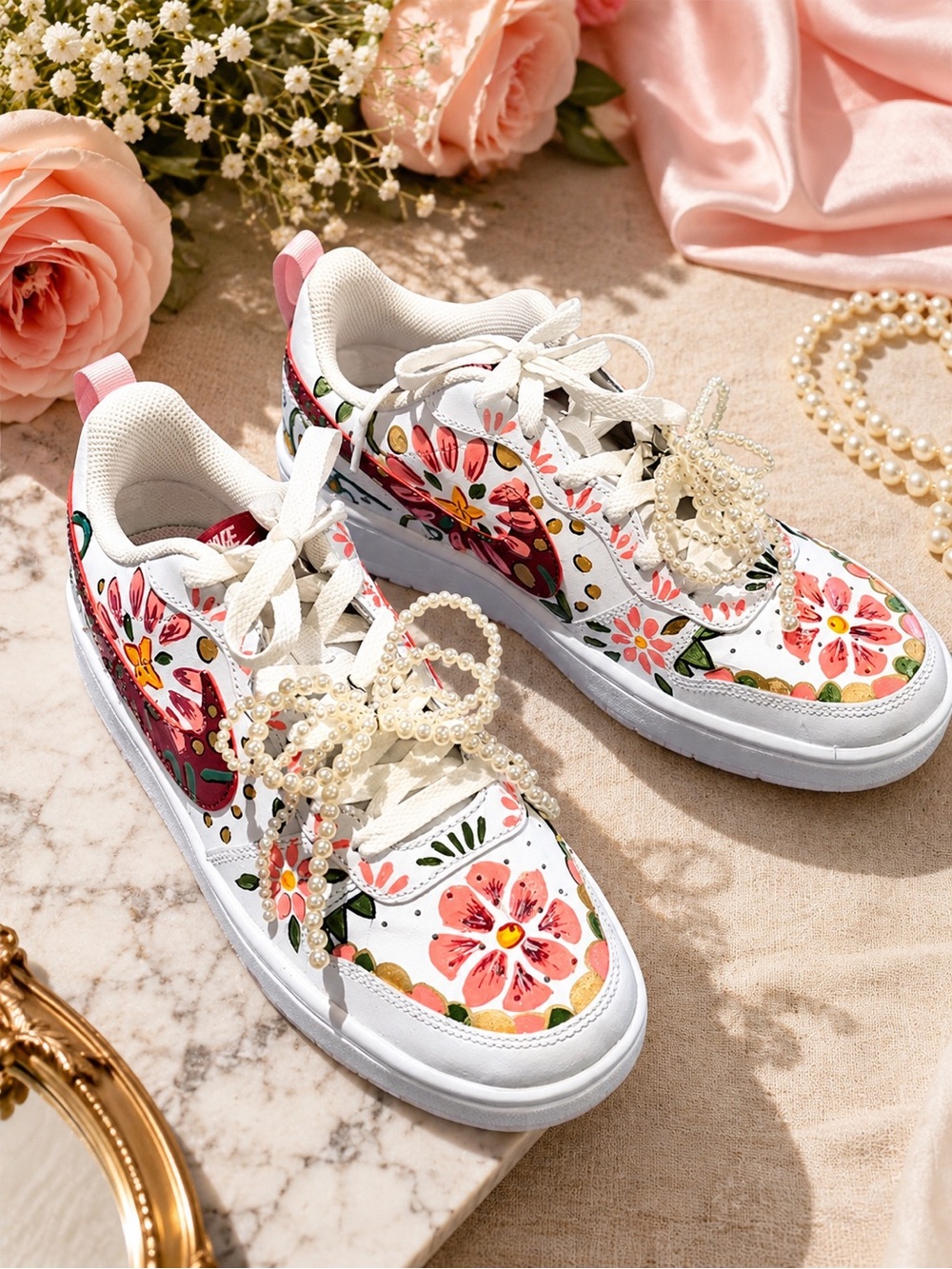 Nike Court Borough Custom Hand Painted Floral Pink Pearl Sneakers 8.5